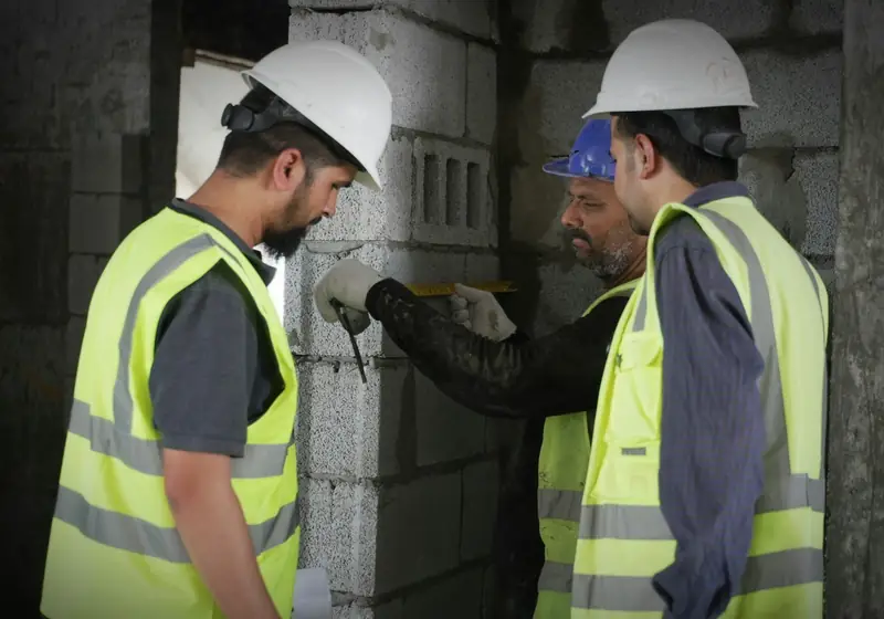 Equipo con cascos y chalecos de seguridad verificando una obra